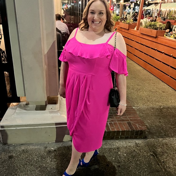 Bright Pink Off-Shoulder Cocktail Dress - City Chic - Picture 5 of 7